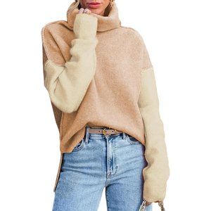 Womens Turtleneck Sweaters Casual Long Sleeve Color Block Side Slit Pullover